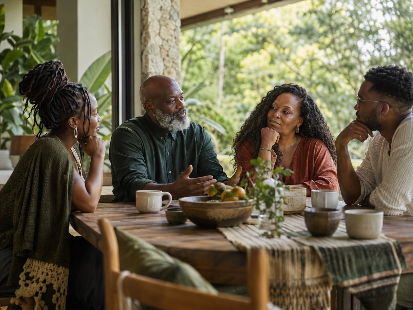 A small group of Black adults connecting in a relaxed natural setting