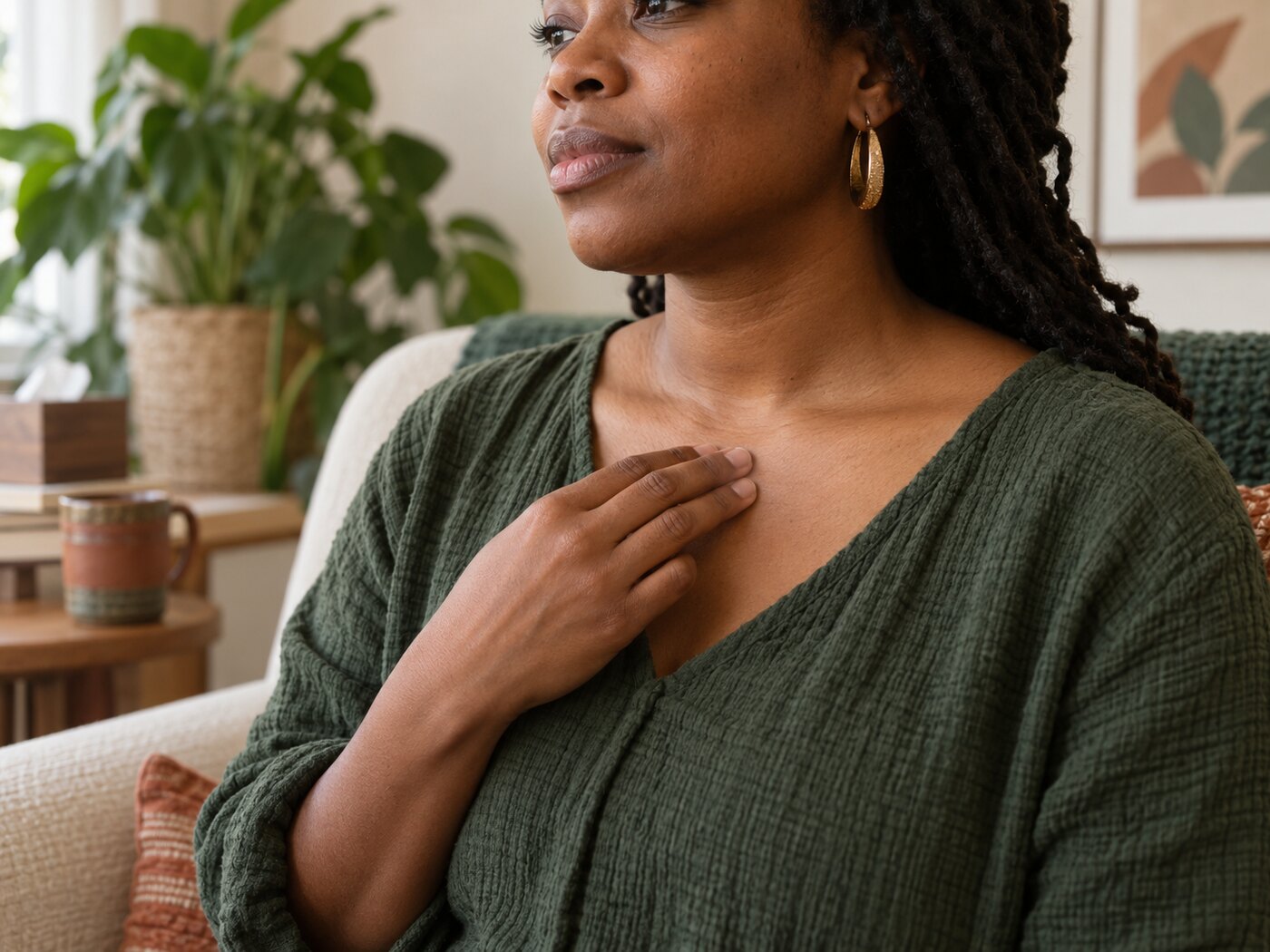 A person gently practicing EFT tapping at the collarbone